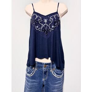 Vintage Y2K Hollister Sequined Embroidery Navy Cami Top Mcbling